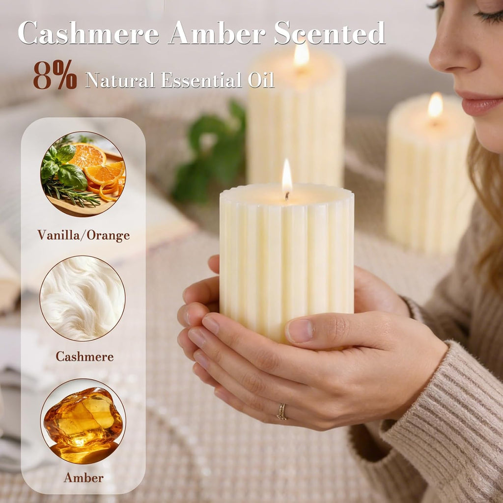 Ribbed Soy Pillar Candles,Set of 3,Cashmere Amber Scented