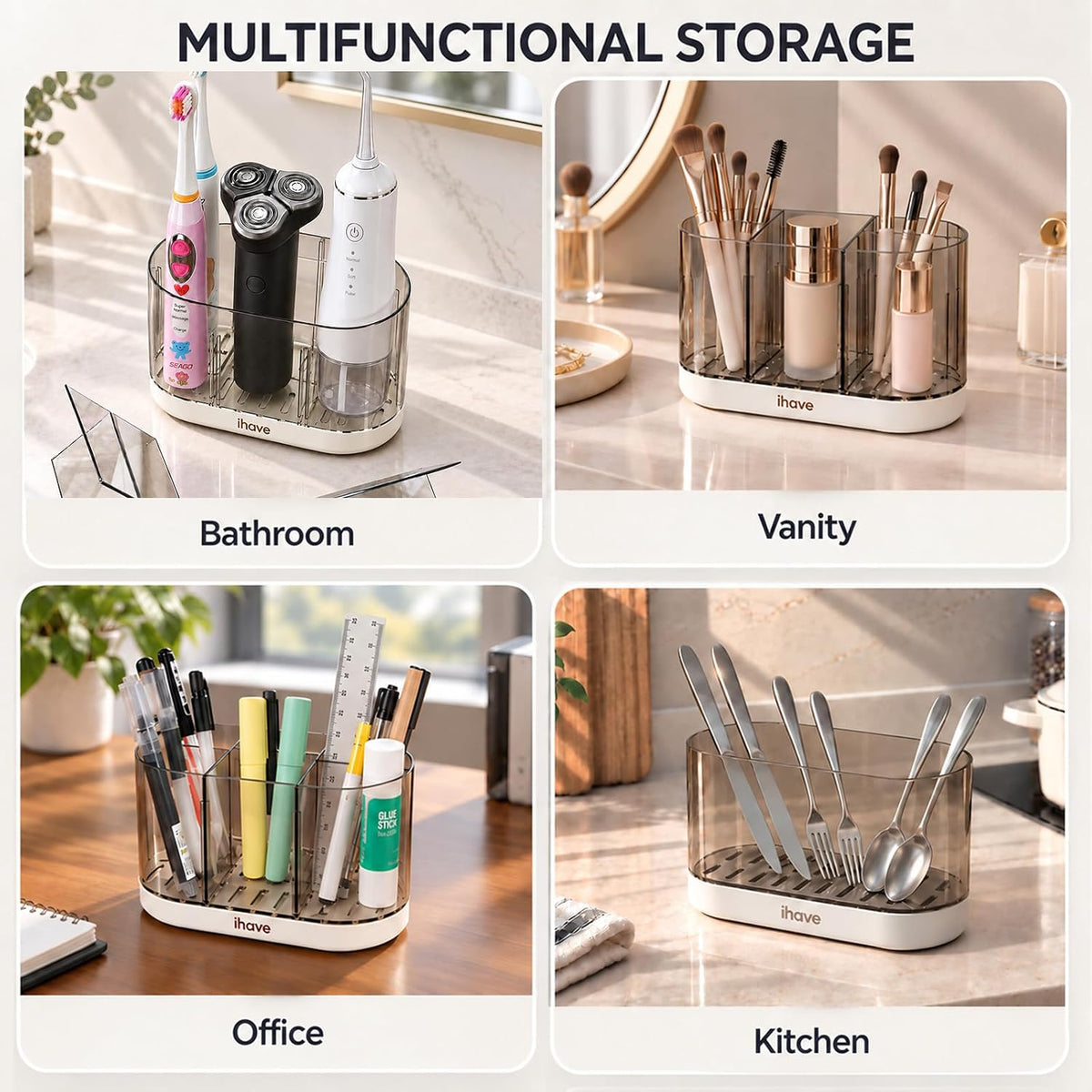 iHave Toothbrush Holders, Bathroom Counter Organizer with Wall Mount, White