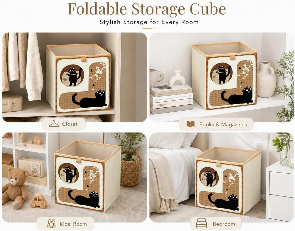 Boho Fabric Storage Cube Bin, Collapsible Storage Basket for Shelves, Decorative Organizer Box for Books, Clothes, Toys, Closet & Home Organization (Cat (13-Inch))