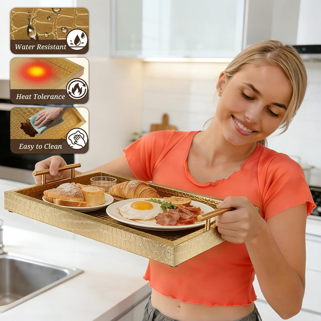 SXNOWS Faux Leather Serving Tray with Gold Handles, Glossy Gold