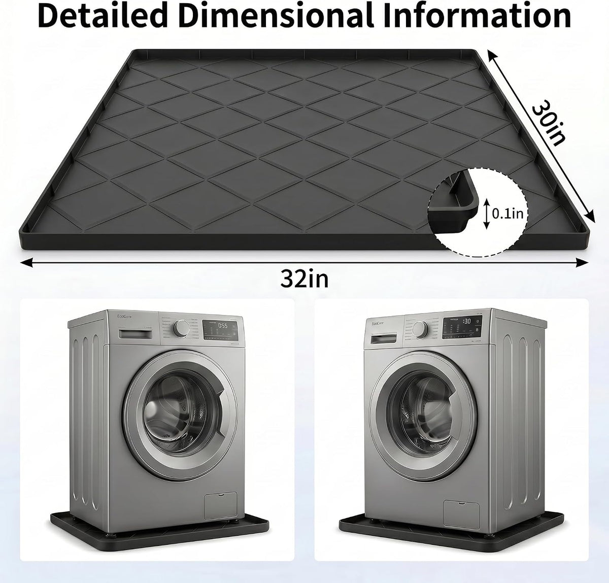 32"x30" Washing Machine Pan Silicone Mat, Upgraded 1" Raised Edges