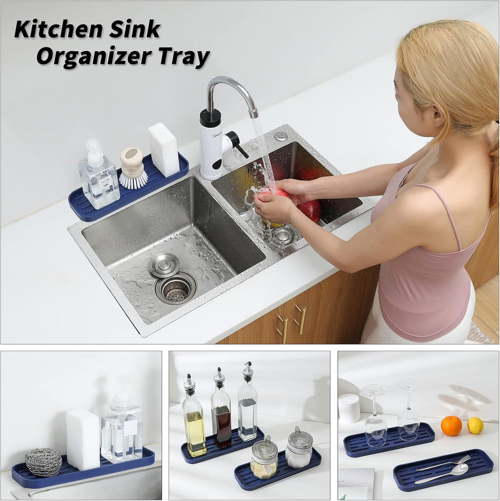 MicoYang Silicone Kitchen Sink Organizer Tray for Multiple Usage,Eco-Friendly Sponges Holder for Kitchen Bathroom Counter or Sink,Dish Soap Dispenser,Scrubber,Bottle,Cup (Navy Blue, 12"×4")