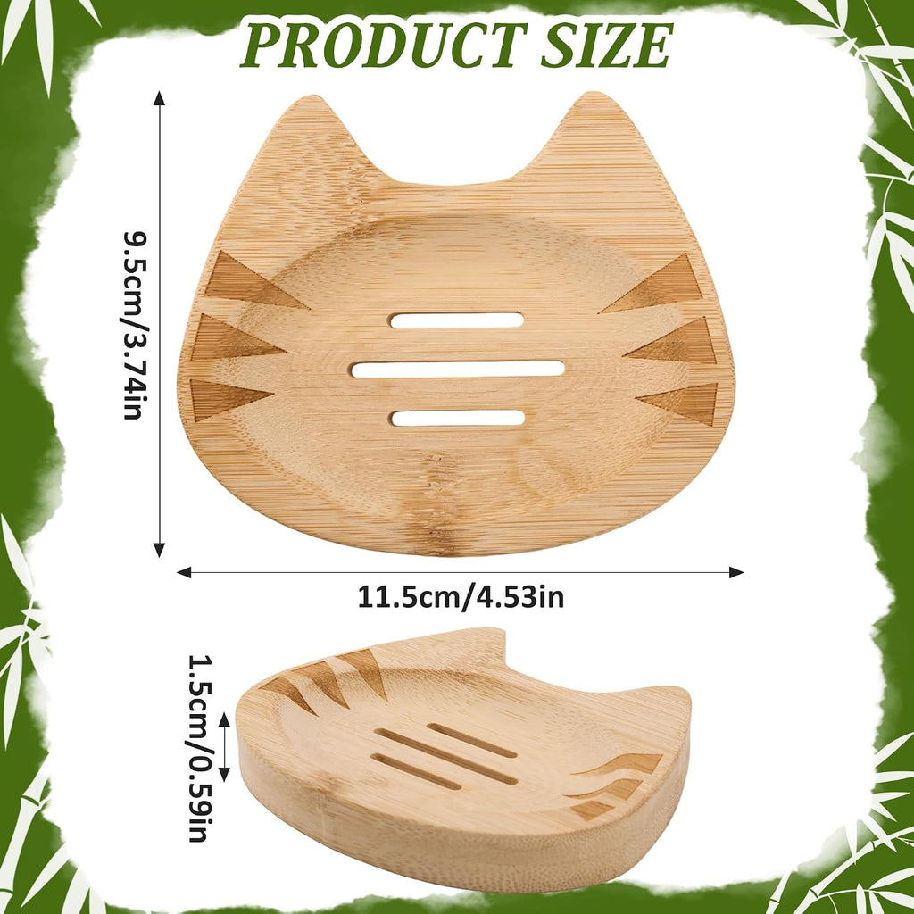Bamboo Soap Dish Self Draining for Shower - Cute Cat Bamboo Soap Tray Holder Saver with Drainage, Natural Waterproof Decorative Tray for Bathroom, Kitchen, Sponges, Bath Tub, Shower, Sink - 1 Pack