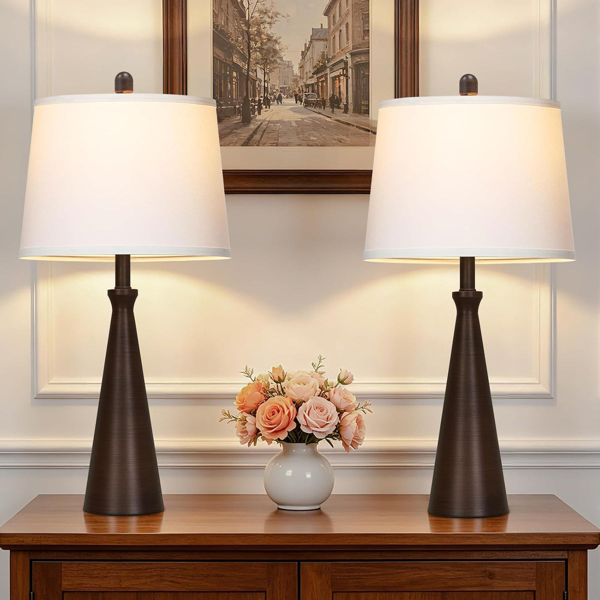 Rinweey 28" Modern Metal Table Lamp Set of 2 for Living Room Bedroom, Brown