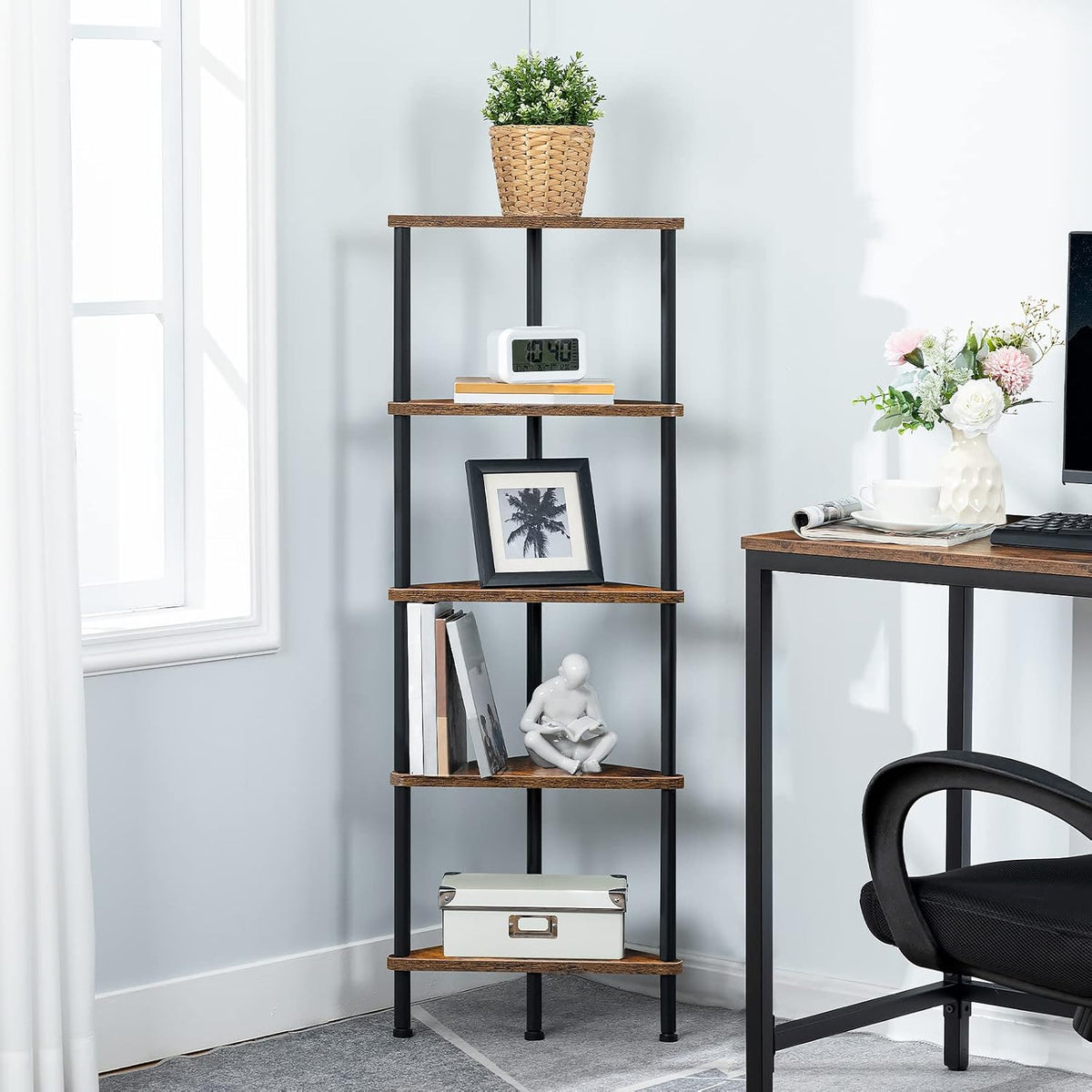 HOOBRO Corner Shelf Stand, Industrial 5-Tier Corner Bookshelf with Metal Frame, Plant Display Shelf, Small Bookcase for Small Spaces, Bedroom, Living Room, Rustic Brown BF33CJ01