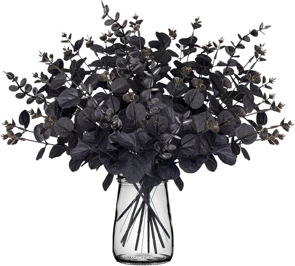 Yen Jean 20PCS Black Halloween Decor Artificial Flowers Bulk - Eucalyptus Stems Branches Decorations for Table Indoor Centerpieces Party Supplies