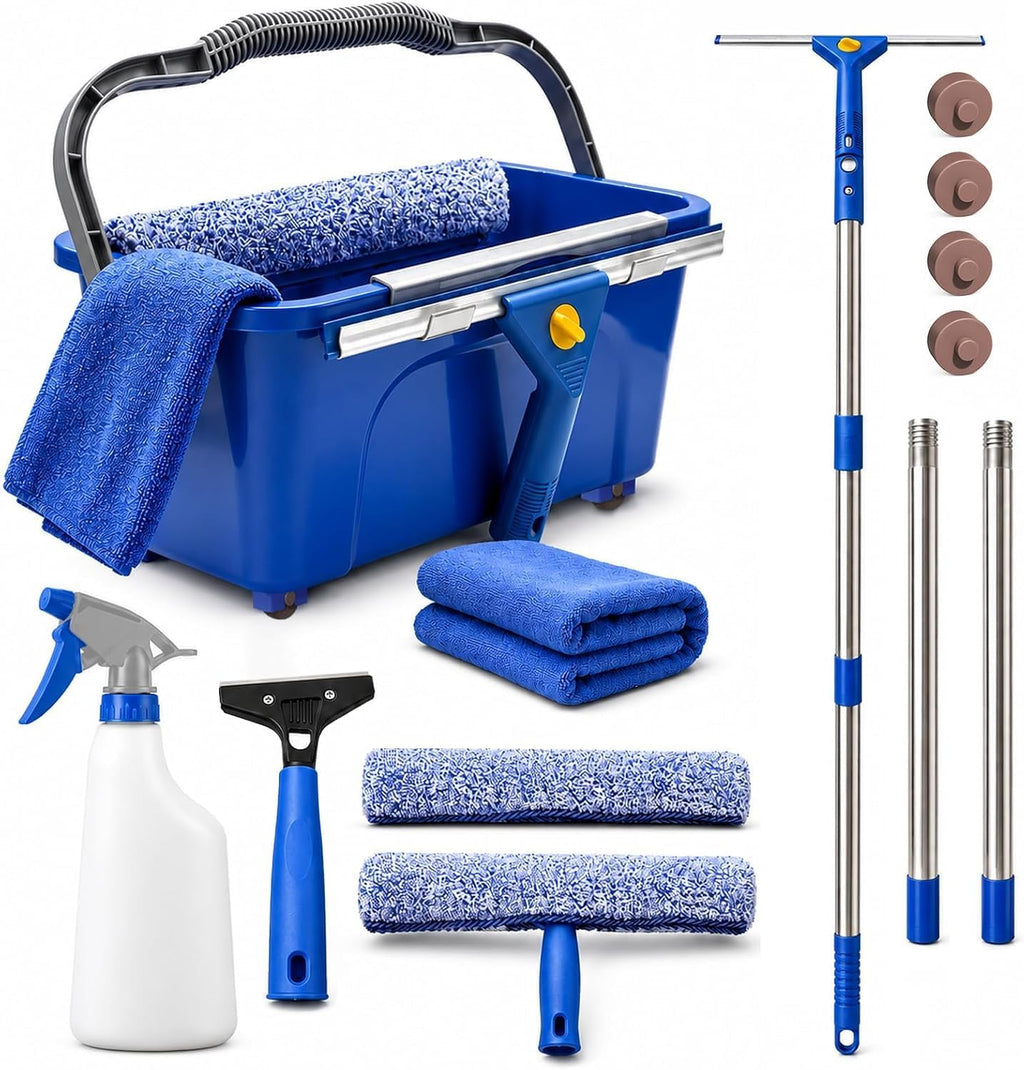 Window Cleaning Kit with Extendable Long Handle, Professional Window Squeegee & Window Washer Tool Set for Indoor Outdoor High Windows, Glass, RV & Shower Doors