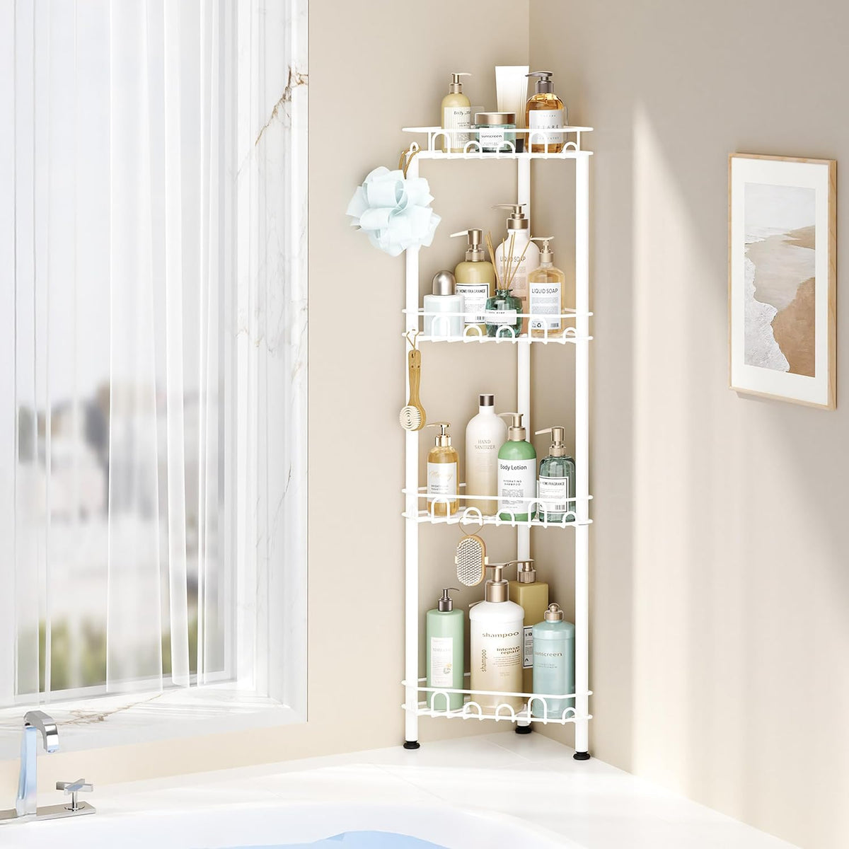 SWTYMIKI Standing Shower Caddy Corner - 4‑Tier Stainless Steel Shower Organizer Shelf with 16 Hooks and Adhesive Pads, Rustproof Corner Shelves Stand Rack for Bathroom Shower Room, white
