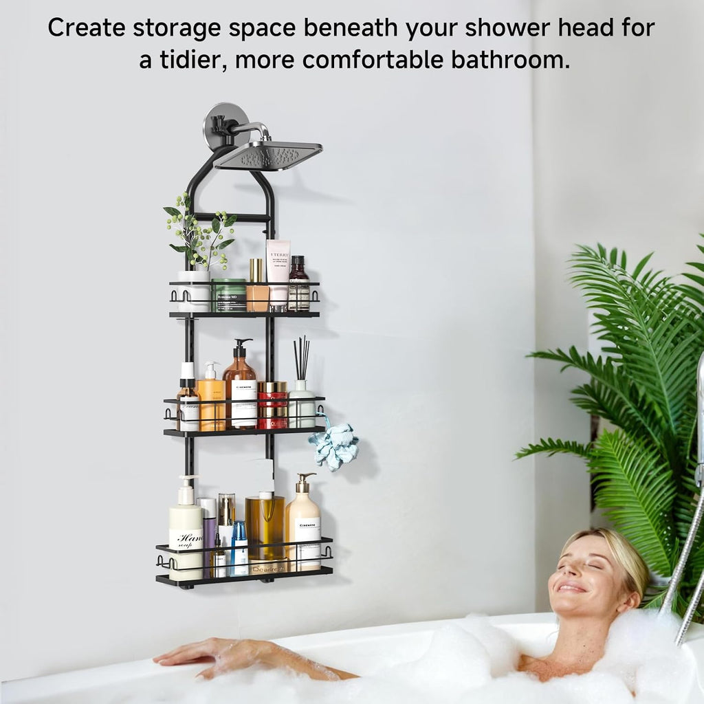 3 Tier Hanging Shower Head Caddy, Adjustable Hanging Shower Caddy Over Showerhead, No Drilling Handing Racks Rustproof for Bathroom Shampoo Soap Storage