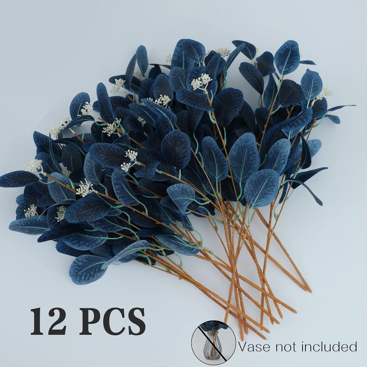 Navy Blue Artificial Eucalyptus Stems, 12Pcs20" Branches with Beige Berries