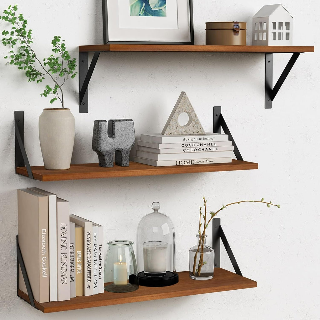Forbena Walnut Brown Wall Bookshelf, 24 x 8 Inch Floating Bookshelves Set of 3, Large Floating Book Shelves for Bedroom, Long Wooden Wall Shelving Unit for Living Room Office Closet Storage (Walnut)