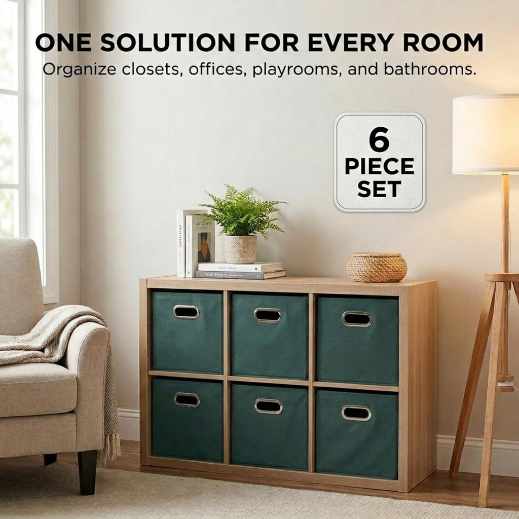 Household Essentials Foldable Fabric Storage Cubes 6-Pack – 11x11x11 Stackable Non-Woven Bins with Chipboard Sides & Grommet Handles – Closet, Shelf, Nursery, or Office Organizer – Dark Green