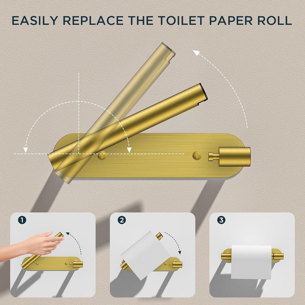FORIOUS Toilet Paper Holder, Adhesive or Screw Wall Mount Pivoting Tissue Roll Holder for Bathroom, Stainless Steel Rustproof Self Adhesive Toilet Paper Roll Dispenser no Drilling, Brushed Gold