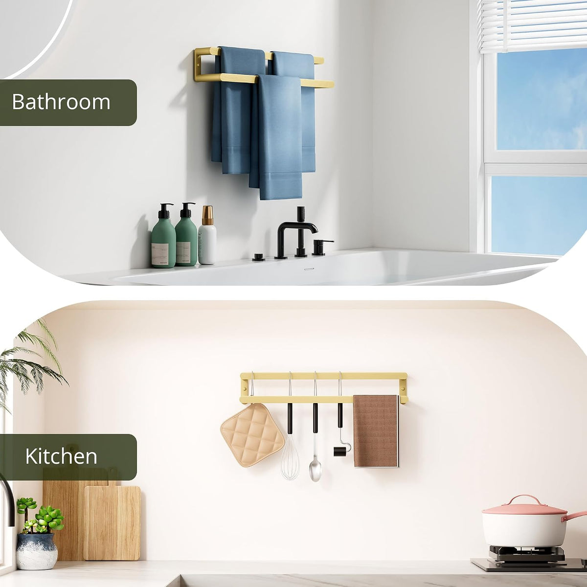 SAYAYO Double Towel Bar for Bathroom Wall, 2 Tier 24 Inch Gold Towel Rack