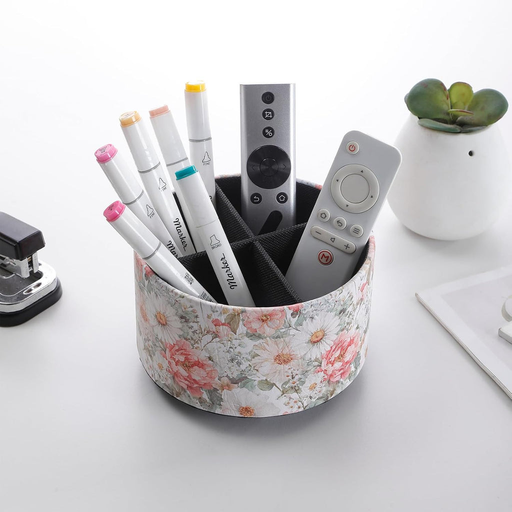 Spinning Remote Caddy for Table, 360 Degree Rotating Desk Organizer and TV Remote Holder, Decorative PU Leather Storage Basket for Bedside, Coffee Table, and Office Stationery, Peony PH128