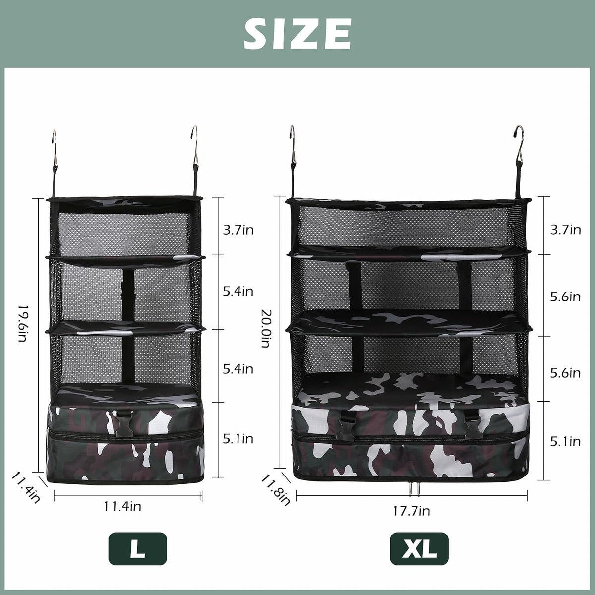 Surblue Hanging Closet Storage Bag Collapsible 3-Shelf Washable Oxford Fabric with 2 Hooks (L 11.41 * 11.41 * 19.68in, Camouflage)