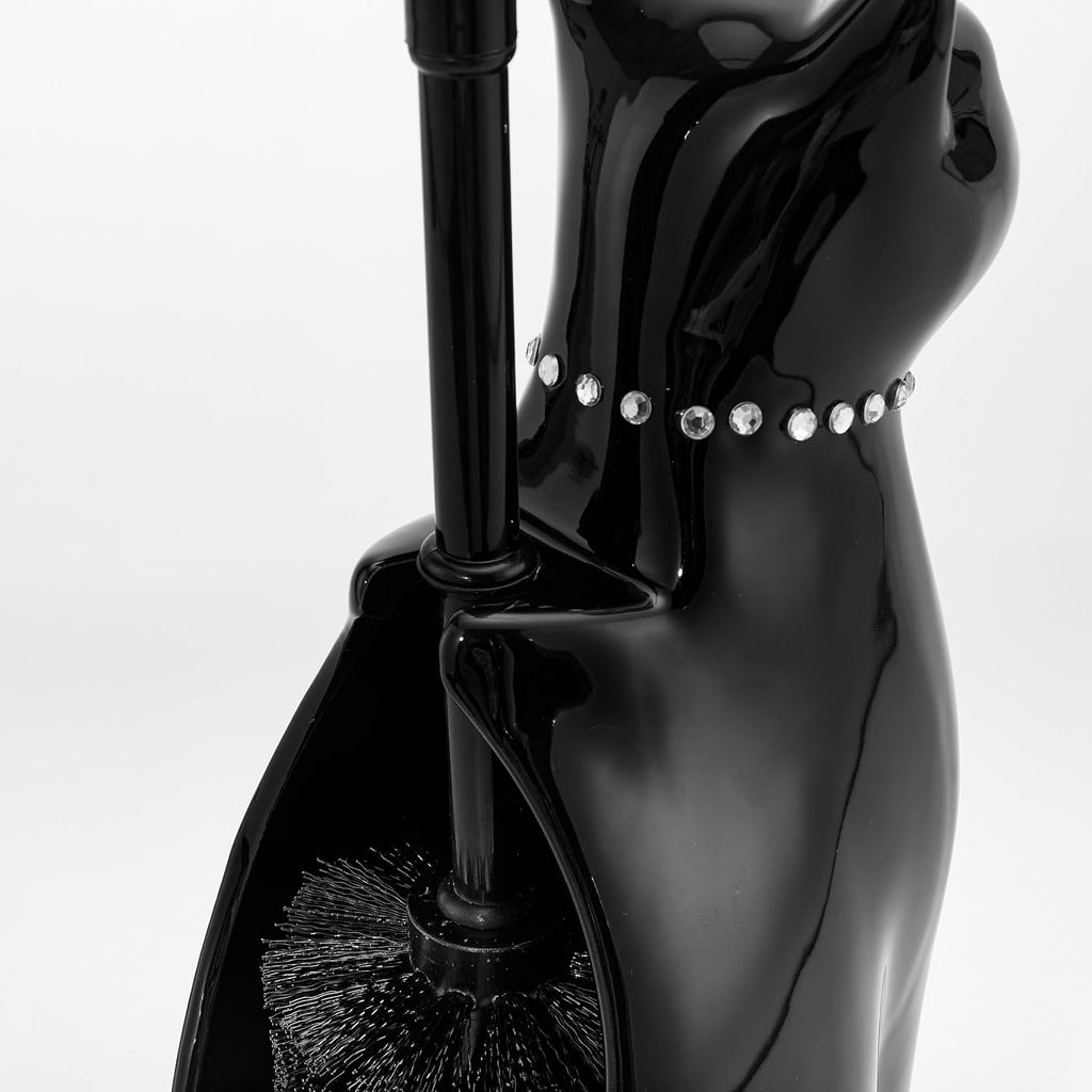 Cat Toilet Brush Holder with 2 Brushes, Ceramic Feline Design Wide-Mouth Storage, Black Toilet Brush Set Freestanding for Bathroom Floor, Easy-Clean Decorative Cat Lover Gift (Black)