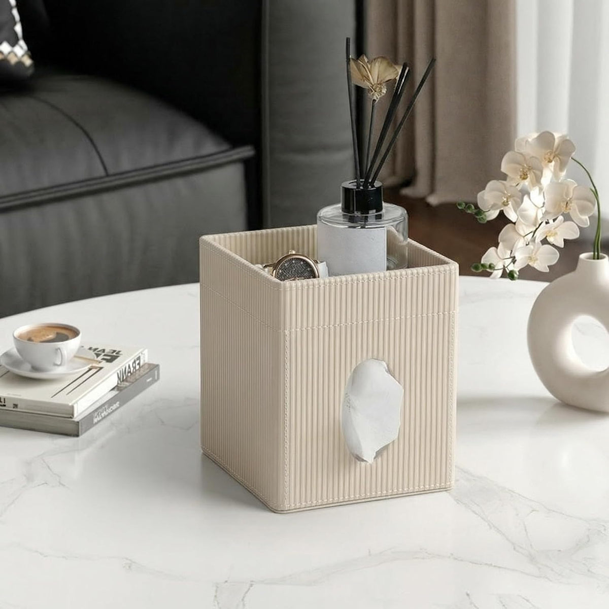 Square Tissue Box Cover with Storage Tray, Tissue Box Organizer, Beige