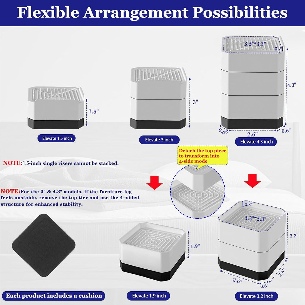 Bed Risers Heavy Duty, Adjustable Furniture Riser Blocks Lift 1.5, 3, 4.3 inches for Couch Table Desk Sofa Chair Legs, Refrigerator, Washing Machine - Support up to 4000 lbs (White 4 Pack, 4.3 inch)
