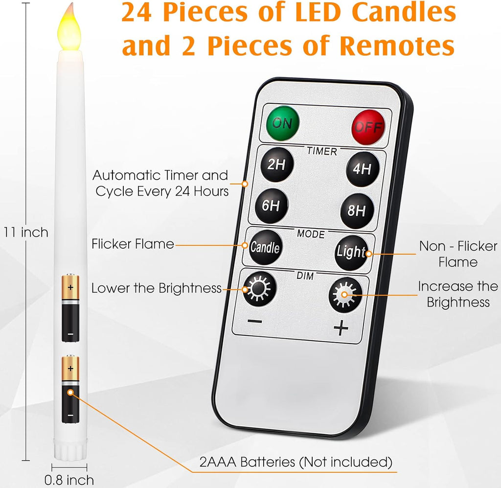Tuanse 24pcs 11" LED Flameless Taper Battery Candles for Halloween, White