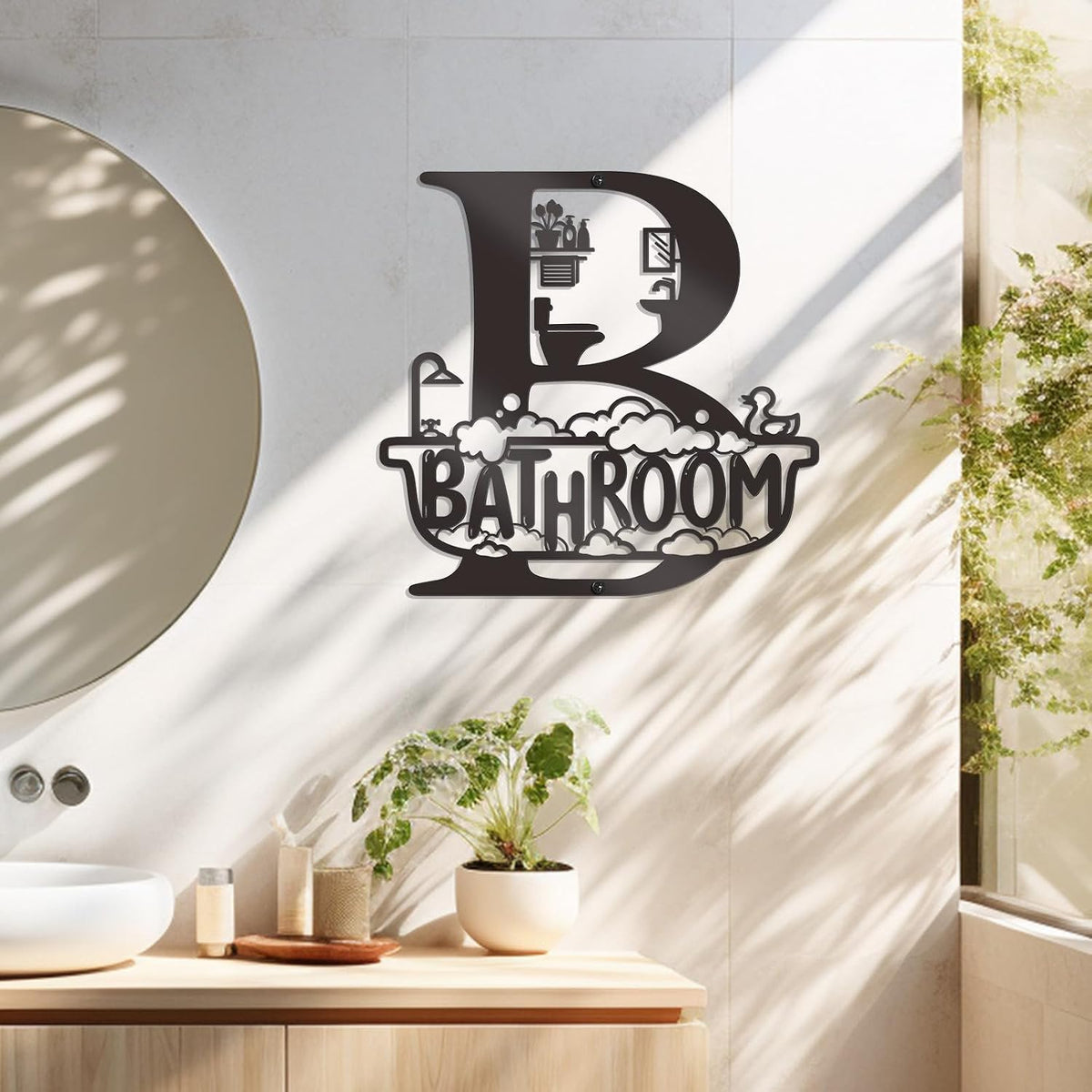 Bnesi Black Bathroom Wall Decoration, Modern Metal Bath Decor Wall Art Sign