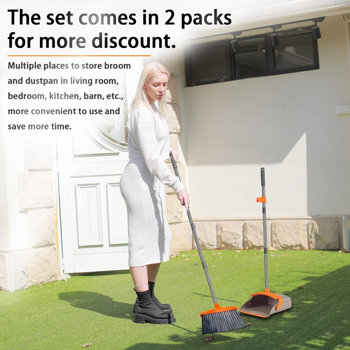 2 Pack is More economical,Upgraded Broom and Dustpan,with 52" Long Handle, Dustpan Teeth with self-Cleaning Function, Indoor and Outdoor Sweeping, Perfect for Home Office (Large Size/Orange /2-Pack)
