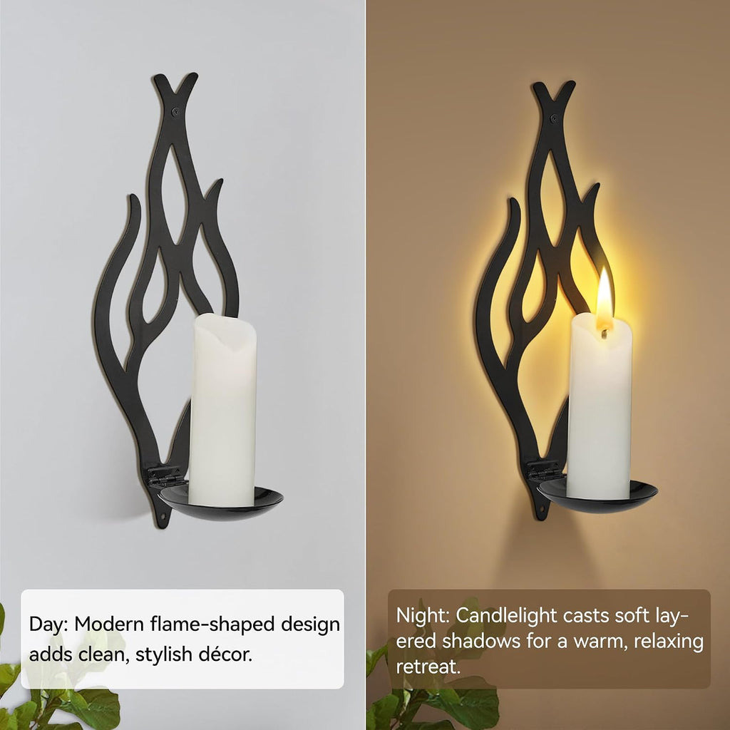 Wall Candle Sconces Set of 2, Modern Minimalist Metal Candle Holders for Pillar, Tealight, and LED Candles, Flame-Shaped Decorative Wall Decor for Living Room Dining Room (Black)