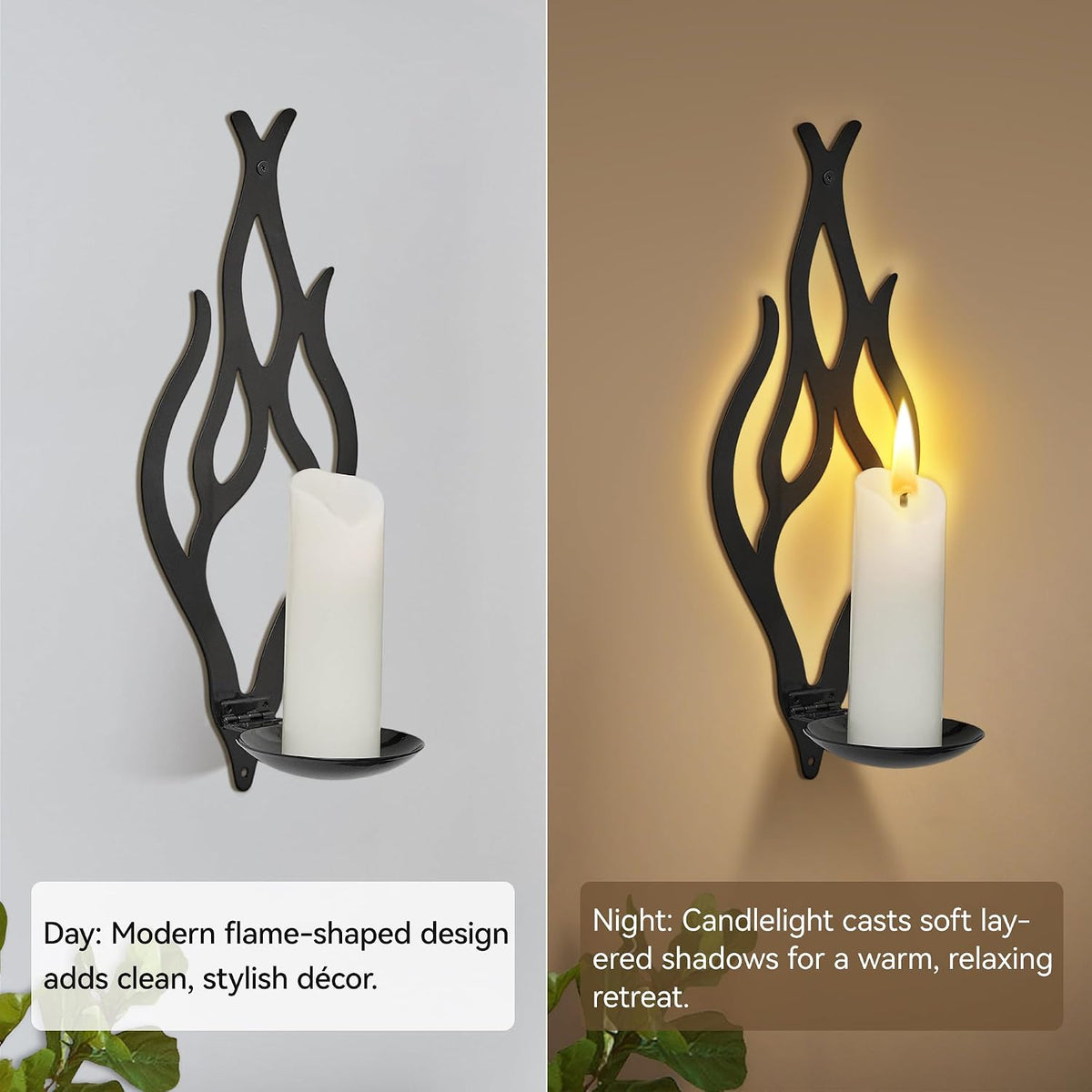 Wall Candle Sconces Set of 2, Modern Minimalist Metal Candle Holders for Pillar, Tealight, and LED Candles, Flame-Shaped Decorative Wall Decor for Living Room Dining Room (Black)
