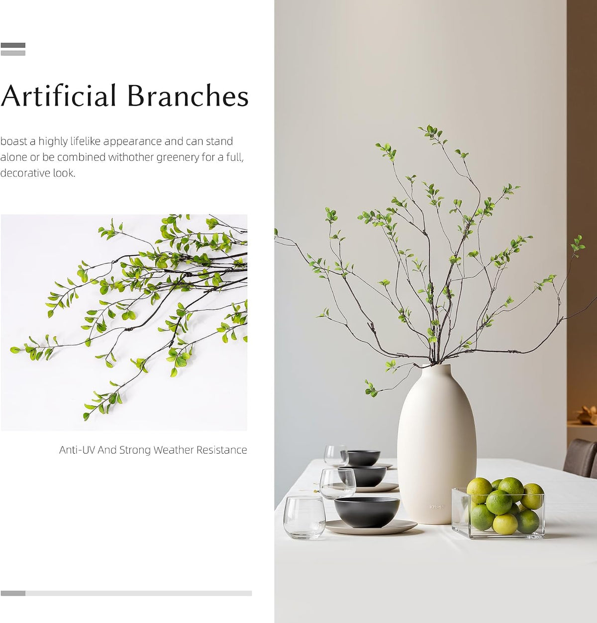 4PCS Artificial Green Branches 47.2", Extra Long Faux Decorative Branches for Tall Vase, Realistic Green Stems with Sparse Leaves, Bendable Branches for Home Decor