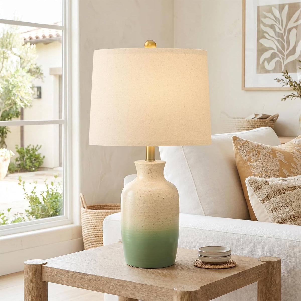 PoKat 24'' Farmhouse Living Room Lamp with Soft Ombre Finish, Modern Hand-Textured Table Lamps for Bedroom, Organic Bedside Lamps for Nightstand Office Guest Room Entryway Gift (Beige and Green)