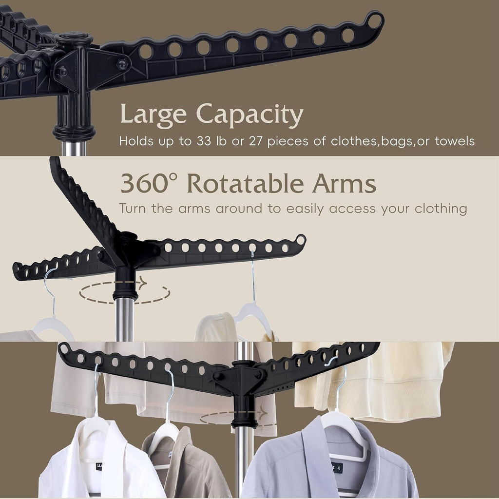 Beaudaily Clothes Drying Rack, Foldable 74.8-Inch Laundry Drying Rack, Indoor 2 Tier Drying Rack Clothing with Rotatable Arms, Stainless Steel, Holds 54 Pieces, Space Saving, Black and Silver