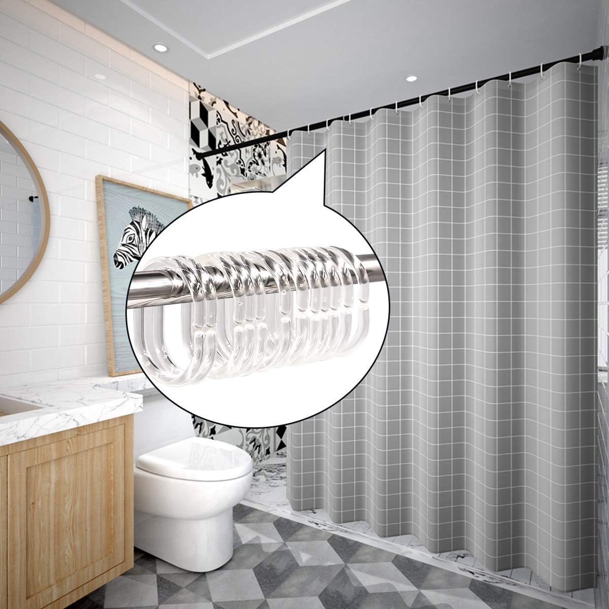 24 pcs Shower Curtain Rings Plastic Shower Curtain Hooks C-Shaped Rings Hook Hanger Bath Drape Loop Clip Glide Bathroom Shower Window Rod (Clear)