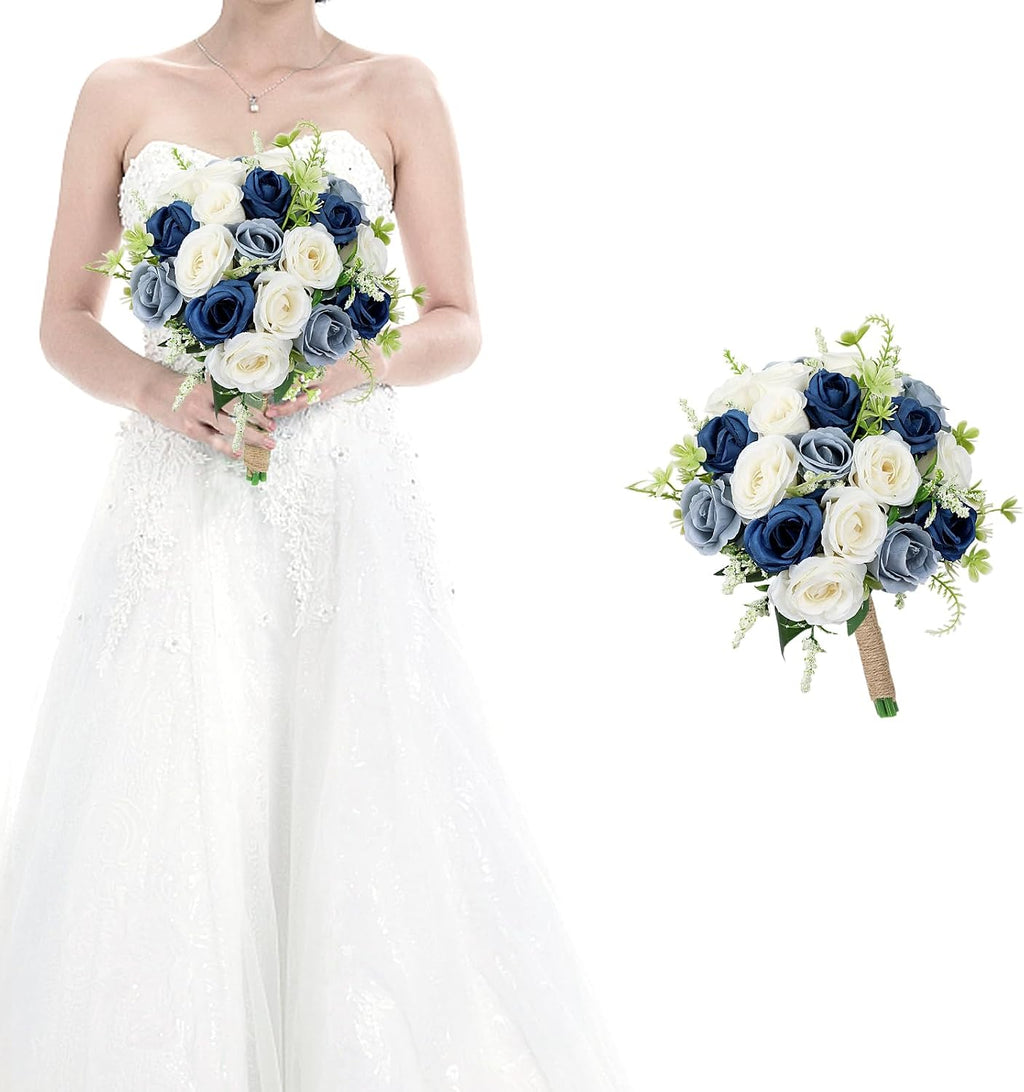 Bridesmaid Bouquets for Wedding - 7 Inch Artificial Flower Bouquet for Party Ceremony Anniversary Dinning Table Centerpieces Decor -Navy Blue & Dusty Blue & White