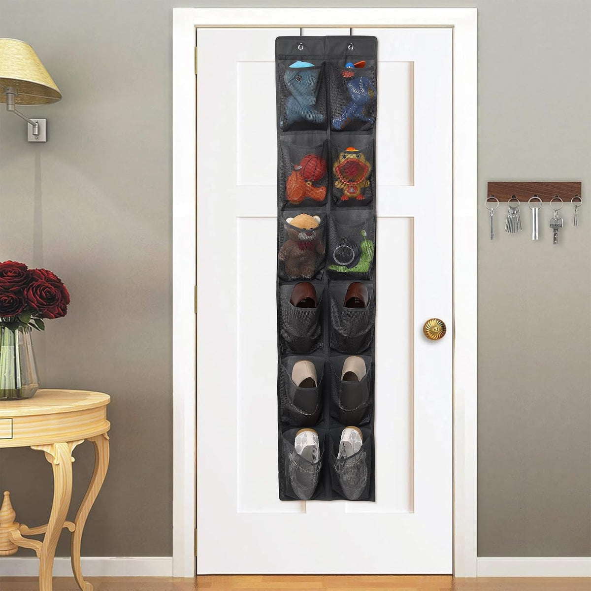 GOMAJI 12 Large Pockets Over The Door Hanging Shoe Organizer, DARK GRAY COLOR