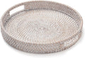 11.8 inch Round Rattan Tray, Decorative Coffee Table Trays, Ottoman Tray, Woven Serving Tray with Handles, Wicker Serving Basket, Whitewash