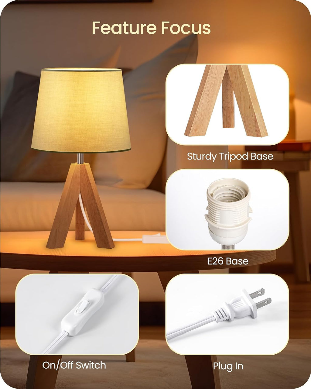 Tripod Table Lamp, Small Bedside Lamp with Wood Base & Green Fabric Shade, Little Cute Desk Lamp, Modern Nightstand Lamp for Bedroom, Kids Room, Living Room, Office, Corner, Green J51TL05