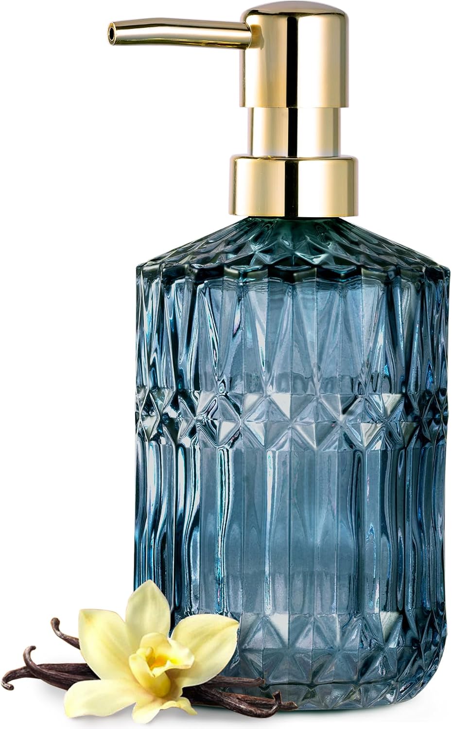 EMPO 12oz Crystal Glass Soap Dispenser with Rust Proof Stainless Steel Pump, Refillable Hand Soap Dispenser for Kitchen Sink, Bathroom Dispenser for Dish Soap, Lotion, Diamond Design (Blue)