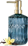 EMPO 12oz Crystal Glass Soap Dispenser with Rust Proof Stainless Steel Pump, Refillable Hand Soap Dispenser for Kitchen Sink, Bathroom Dispenser for Dish Soap, Lotion, Diamond Design (Blue)