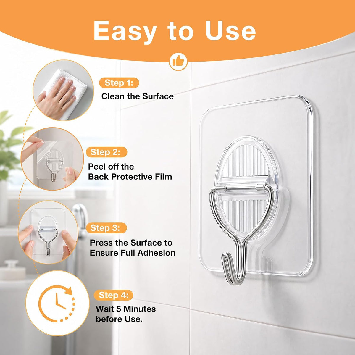 Clear Adhesive Wall Hooks Heavy Duty Hanging Sticky-30 Pack Mixed Set