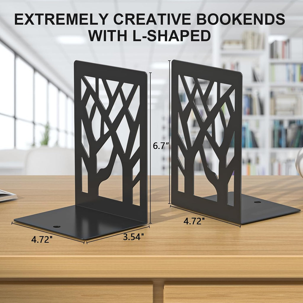 Bookends 8 Pieces, Tree Design Modern Metal Bookends for Shelves, Black Tree Book Ends Decorative Book Organizer for Desk, Decorative Shelve Book Stopper for Home Office