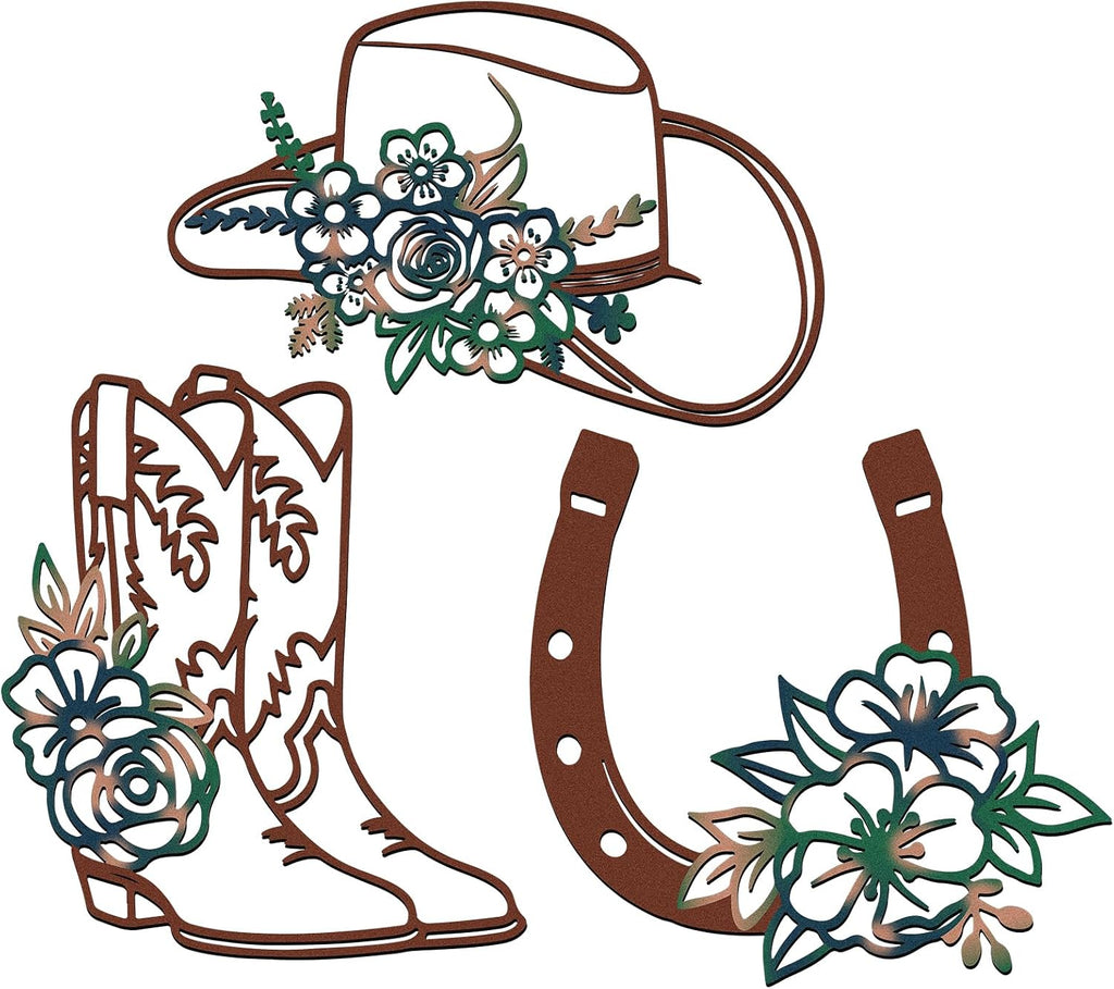 3 Pcs Cowboy Hats Boots Horseshoes Flowers Metal Wall Arts