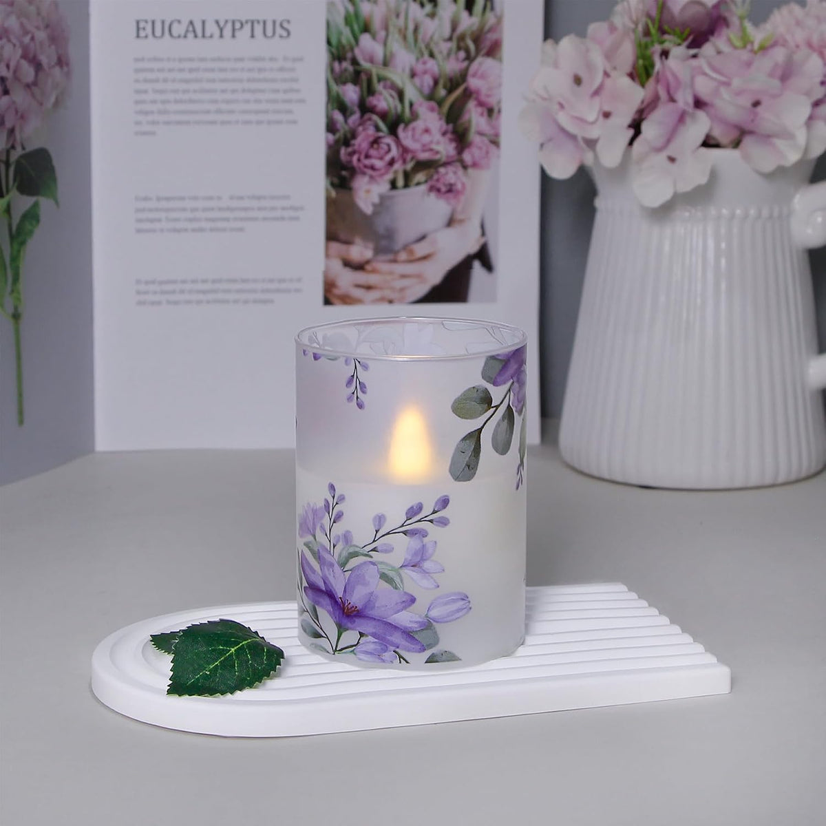 Flameless Flickering Glass Candles with Remote and Timer,Purple Flowers LED Battery Operated Real Wax Set of 3 Realistic Wick Electric Pillar Candles,Warm Fire(3 x 4, 5, 6 Inches)