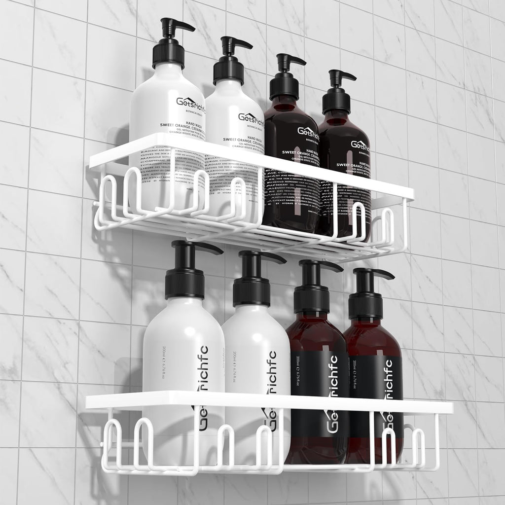 Getsrichfc Shower Caddy Adhesive, Rustproof Shower Shelves for Inside Shower, Large Capacity Bathroom Organizers and Storage, Shower Storage with Removable Hooks, No Drill Bathroom Accessories White