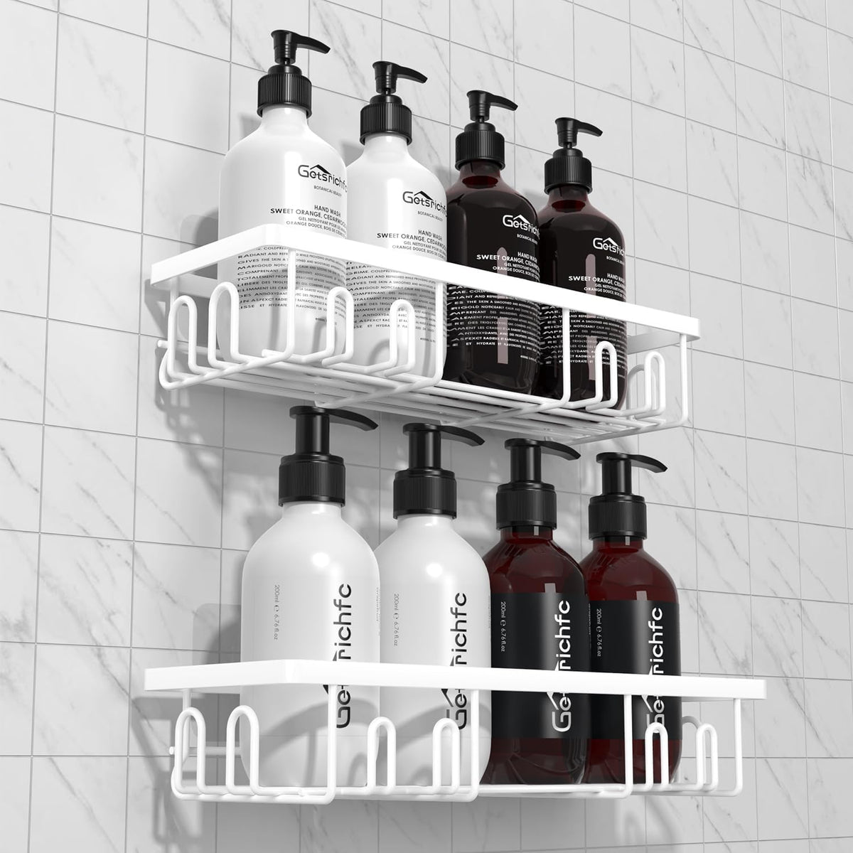 Getsrichfc Shower Caddy Adhesive, Rustproof Shower Shelves for Inside Shower, Large Capacity Bathroom Organizers and Storage, Shower Storage with Removable Hooks, No Drill Bathroom Accessories White