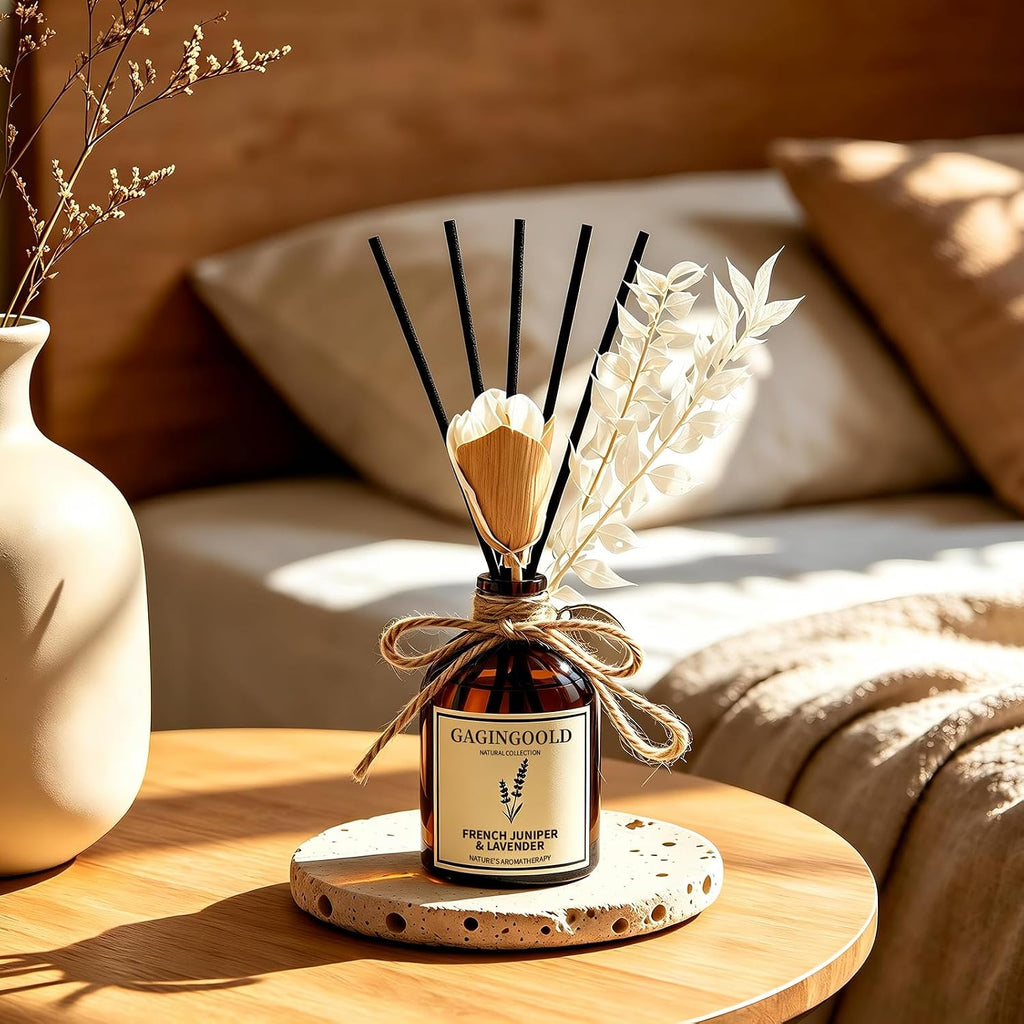 Reed Diffuser Set, Lavender Scent Diffuser with 10 Sticks & Decorative Flower, Long Lasting Diffusers for Home Fragrance, Vintage Decor for Bathroom Bedroom Office Shelf, 5 Fl.oz