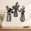 Qzmaikoo 3 Pieces Black Metal Flowers Wall Decor Vase Art Sculptures Hanging for Indoor Kitchen Bathroom Dining Room Patio, 14.56x7.48 Inches