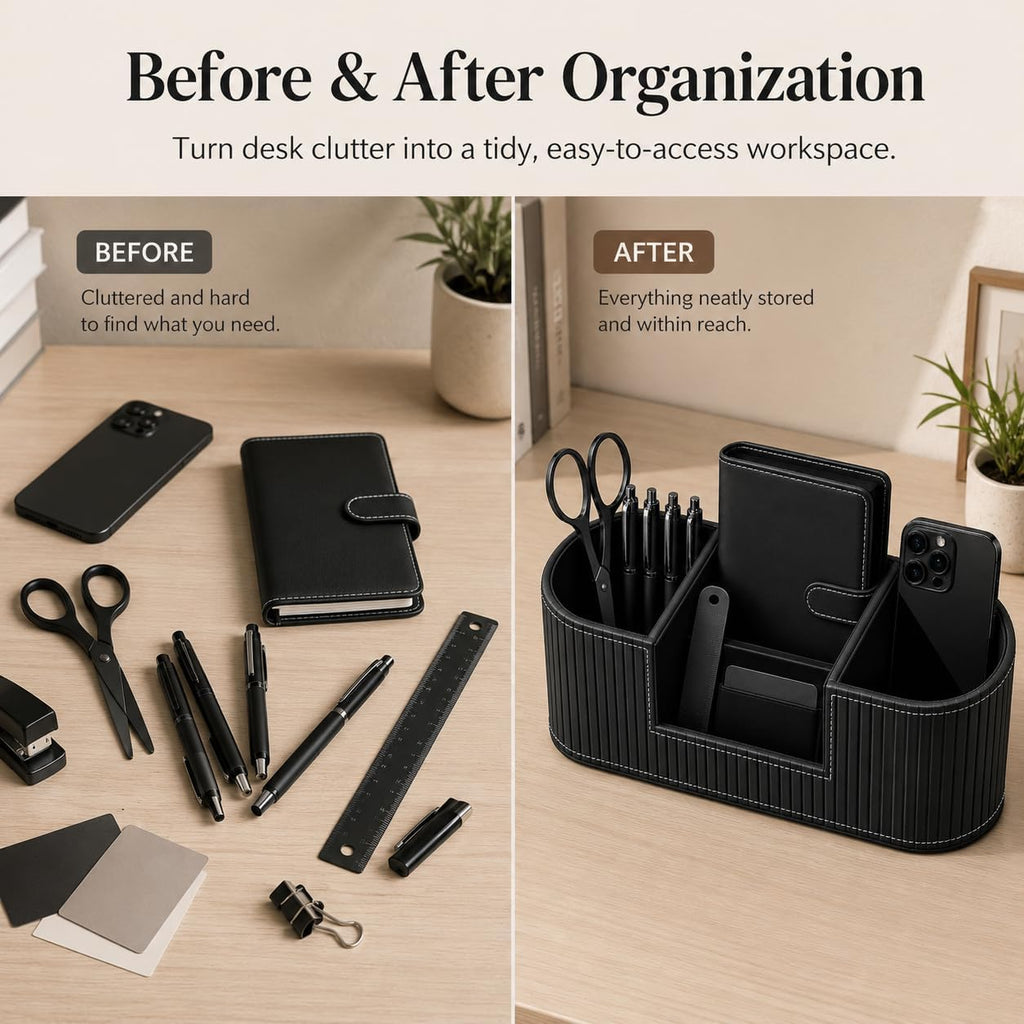 KINGFOM Modern Leather Desk Organizer for Men & Women, Aesthetic Office Desk Accessories Organizer, Faux Leather Vanity Organizer for Pens, Makeup Brushes, Remote Controls, Black Minimalist Desk Decor
