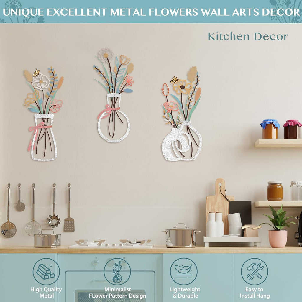 Metal Flowers Wall Decor for Living Room,Boho Floral Wall Art for Kitchen,Rustic Work for Farmhouse,Living Room,Bathroom,Laundry Room,Office,3D Flower Bow Butterfly Sculptures-Housewarming Gifts,3PCS