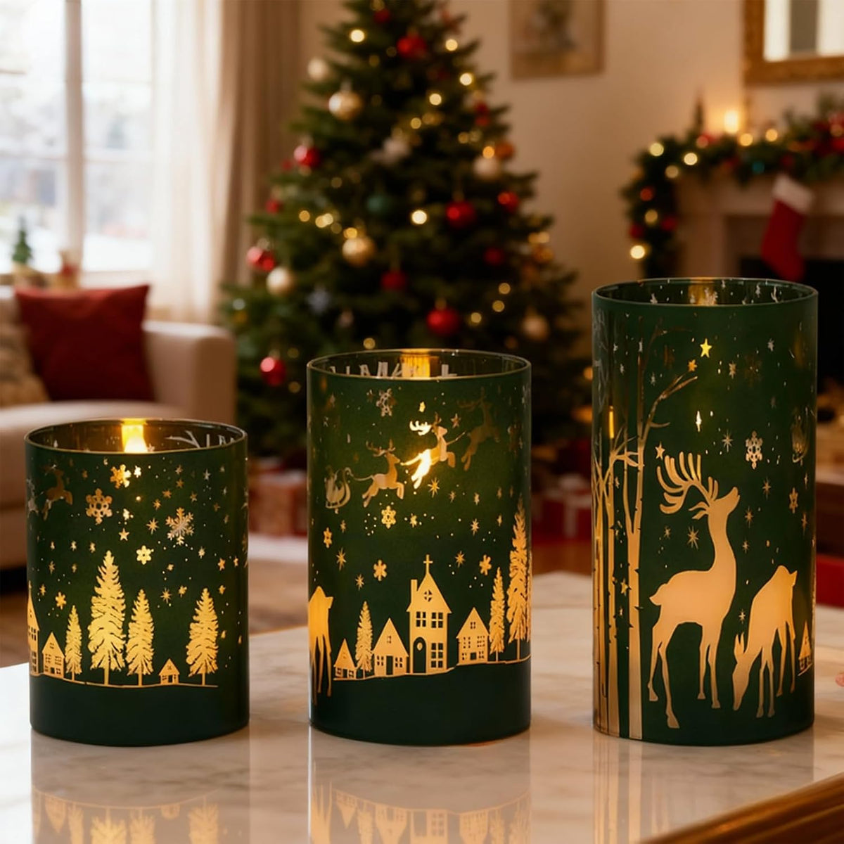Green Christmas Flameless Candles Battery Operated Remote Timer