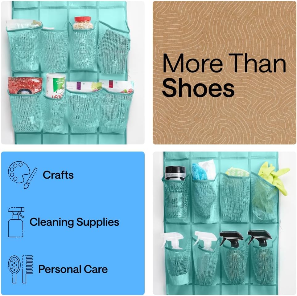 GORILLA GRIP Over the Door Shoe Organizer, 24 Large Pockets, Turquoise
